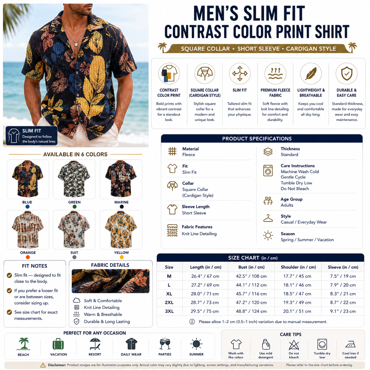 Men's Slim Fit Contrast Color Print Shirt – Square Collar Short Sleeve