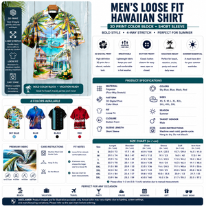 Men's Loose Fit Hawaiian Shirt – 3D Print Color Block Short Sleeve
