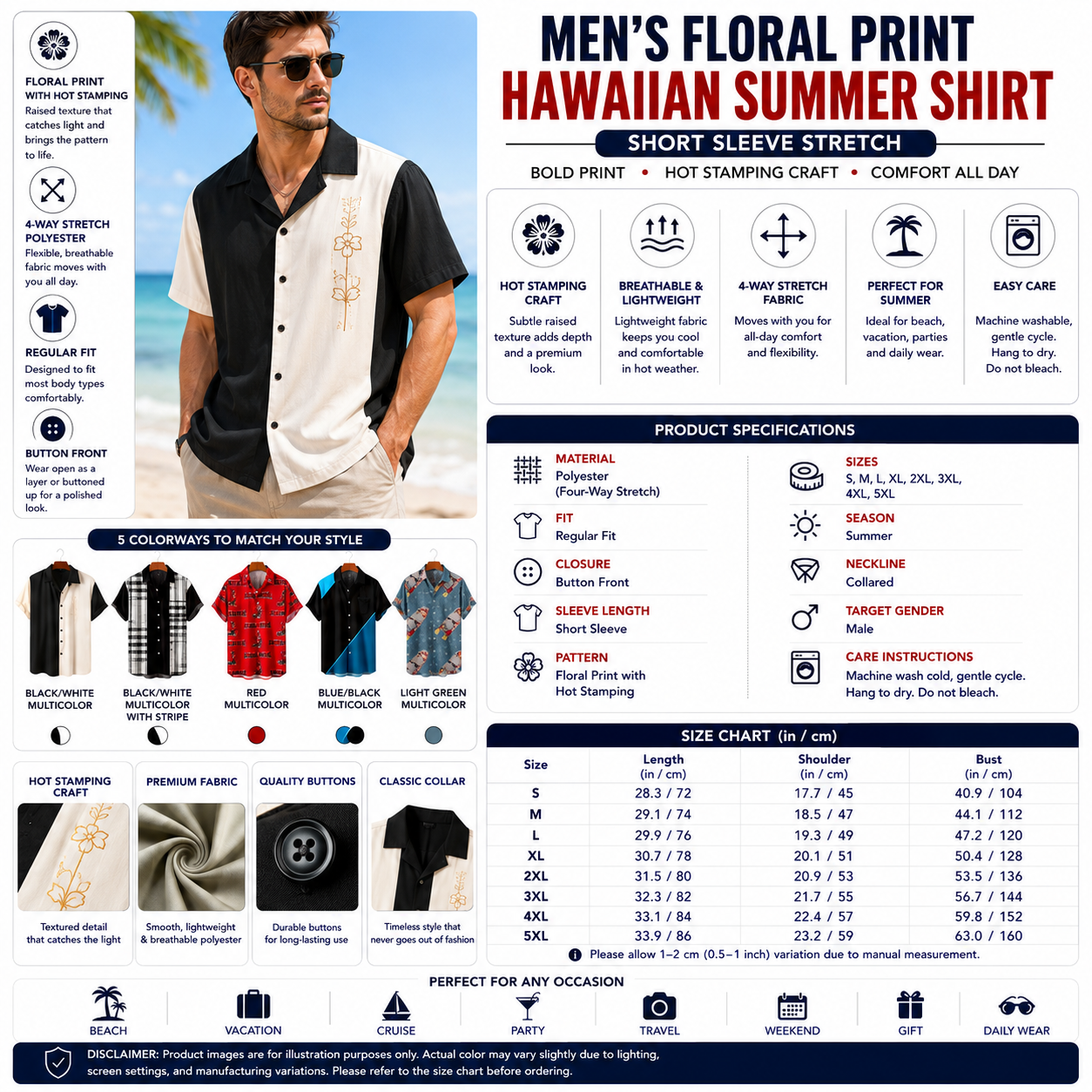 Men's Floral Print Hawaiian Summer Shirt – Short Sleeve Stretch