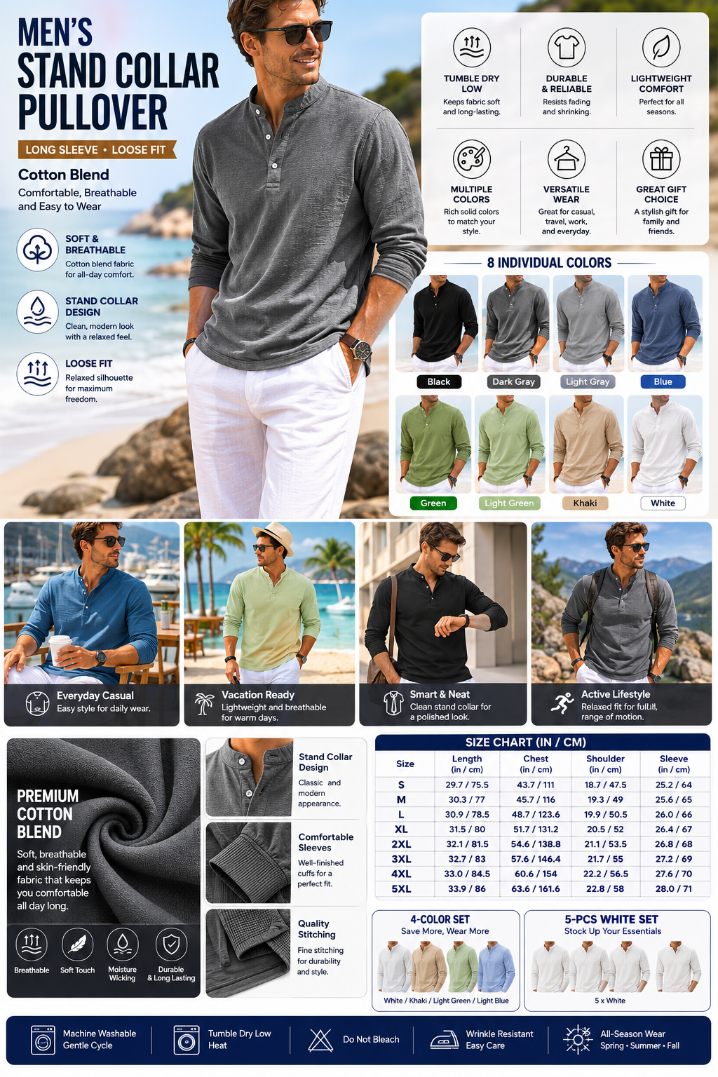 Men's Stand Collar Long Sleeve Pullover – Loose Fit Cotton Blend