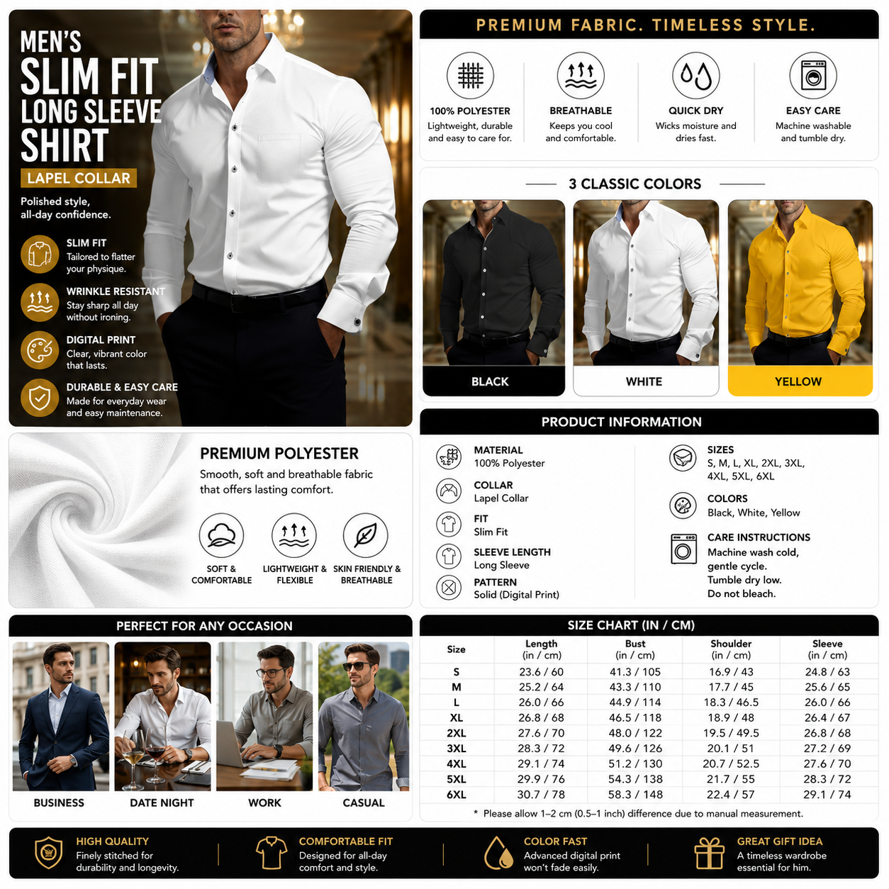 Men's Slim Fit Long Sleeve Shirt – Lapel Collar Digital Print White