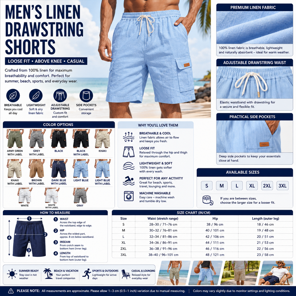 Men's Linen Drawstring Shorts – Loose Fit Above Knee Casual