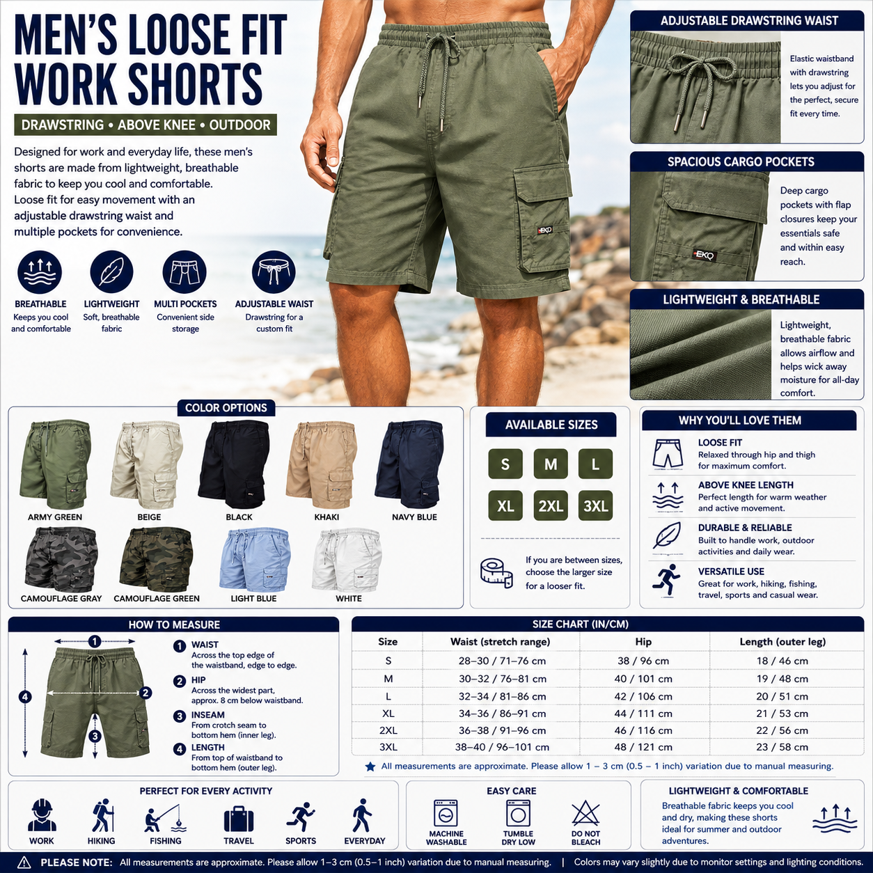 Men's Loose Fit Work Shorts – Drawstring Above Knee Summer Outdoor