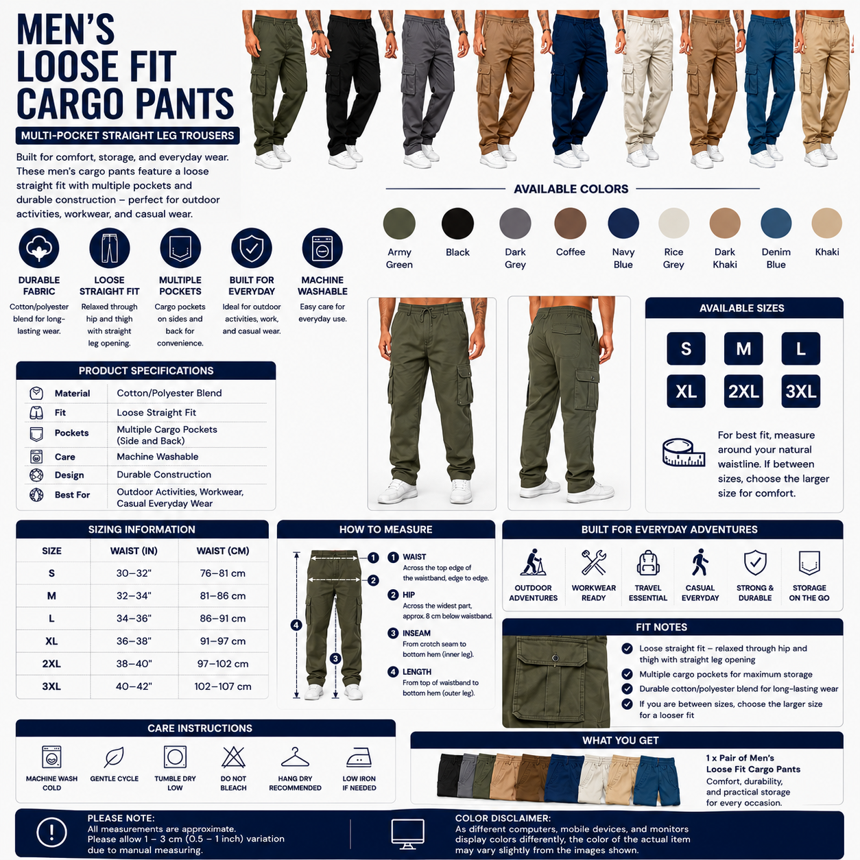 Men's Loose Fit Cargo Pants – Multi-Pocket Straight Leg Trousers