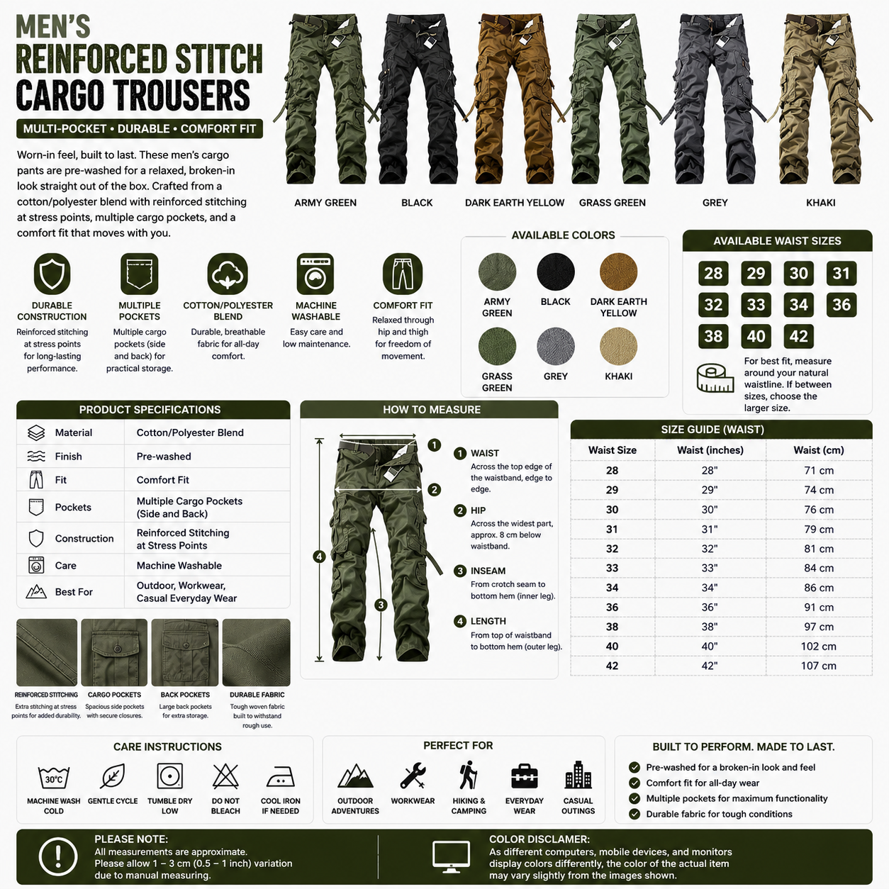 Men's Reinforced Stitch Cargo Trousers – Multi-Pocket Durable