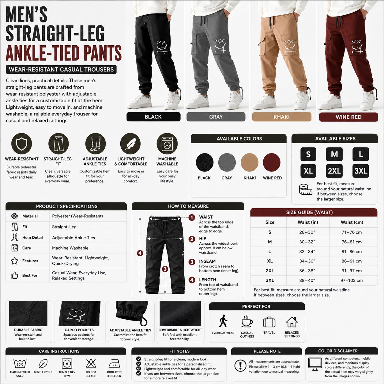 Men's Straight-Leg Ankle-Tied Pants – Wear-Resistant Casual Trousers