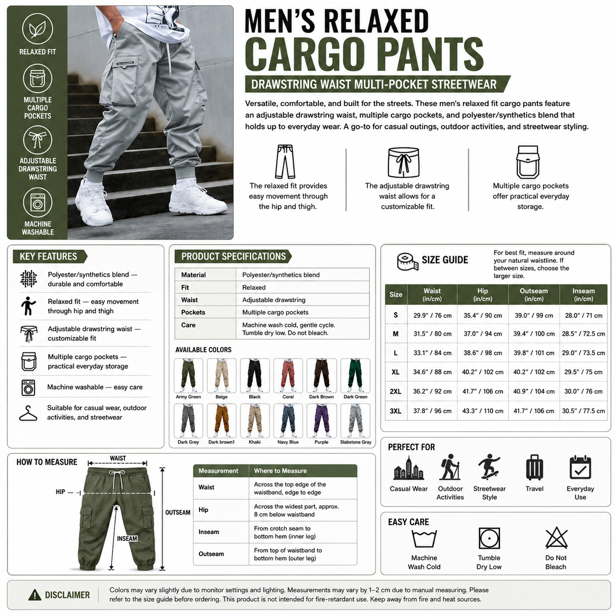 Men's Relaxed Cargo Pants – Drawstring Waist Multi-Pocket Streetwear