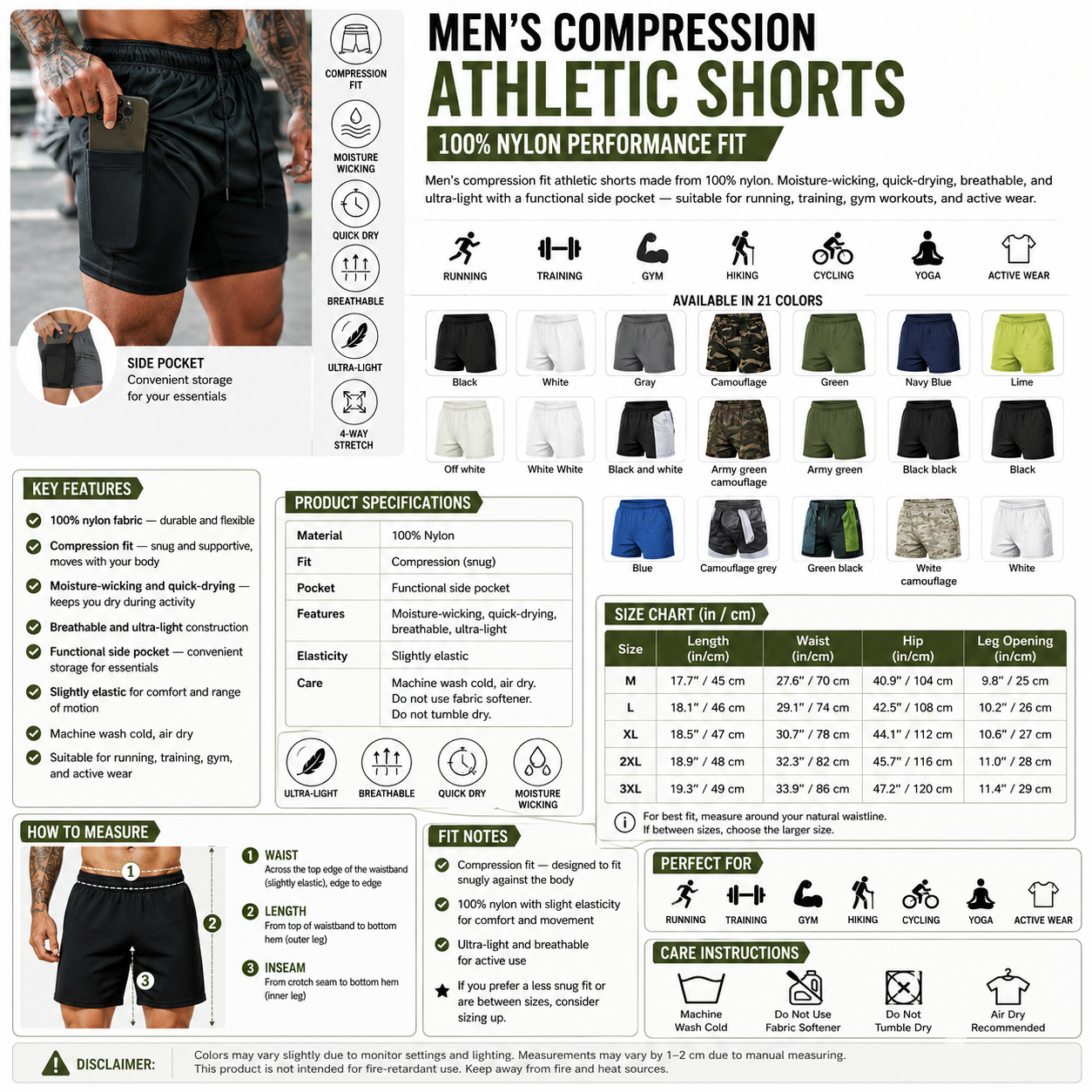 Men's Compression Athletic Shorts – 100% Nylon Performance Fit