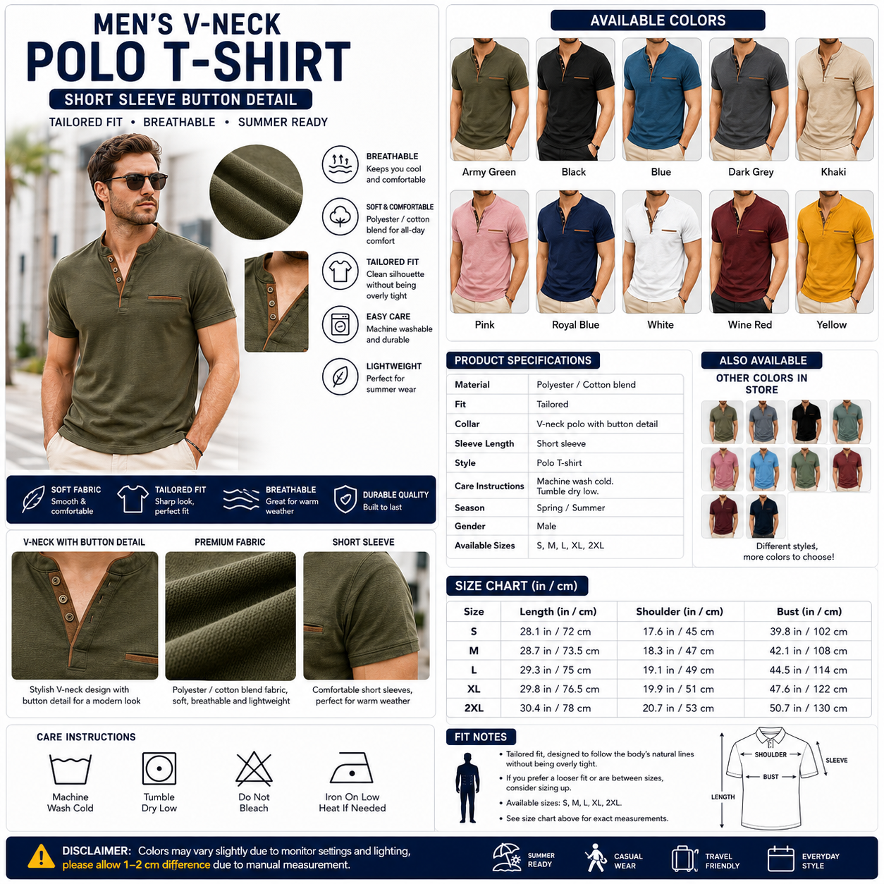 Men's V-Neck Polo T-Shirt – Short Sleeve Button Detail Summer Top