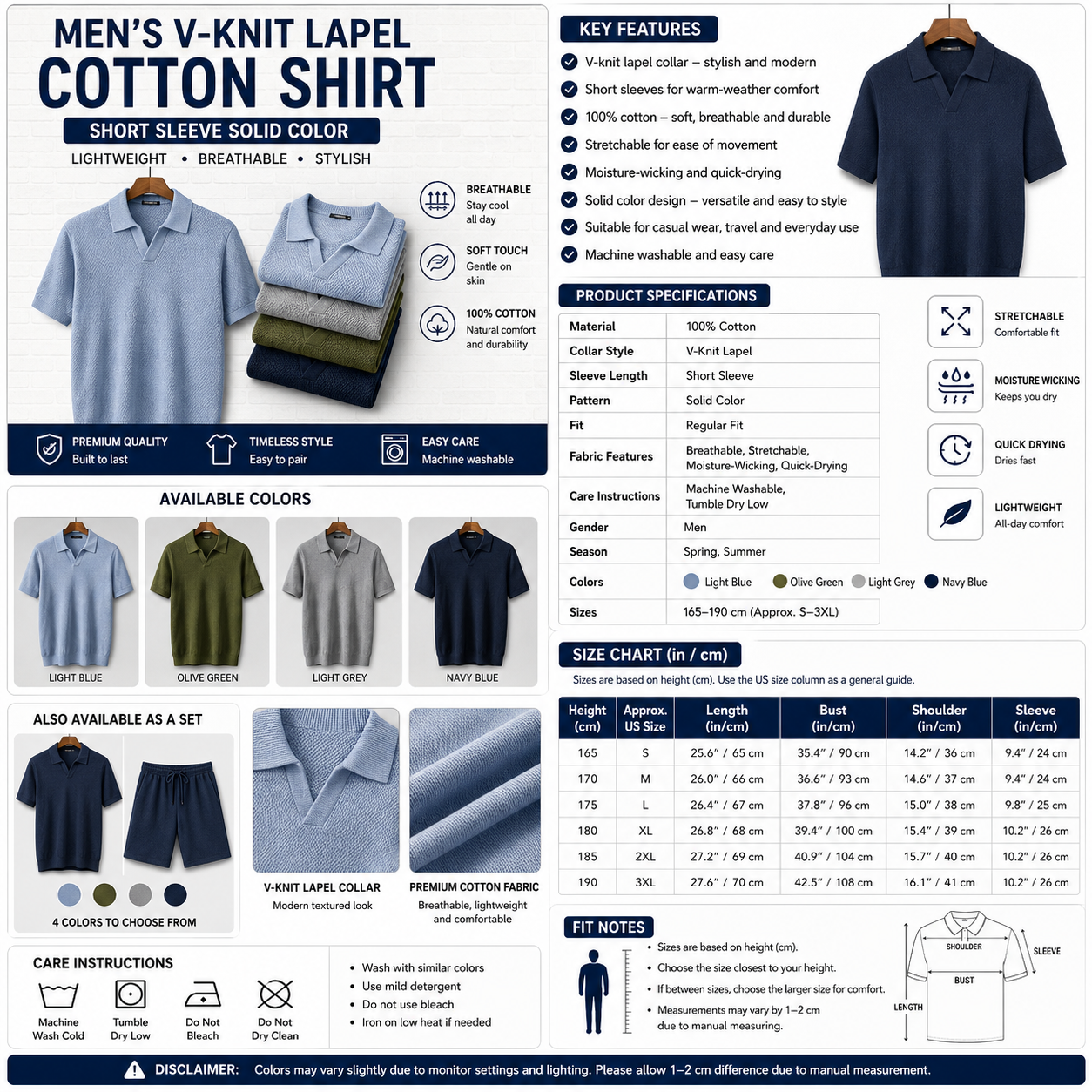 Men's V-Knit Lapel Cotton Shirt – Short Sleeve Solid Color