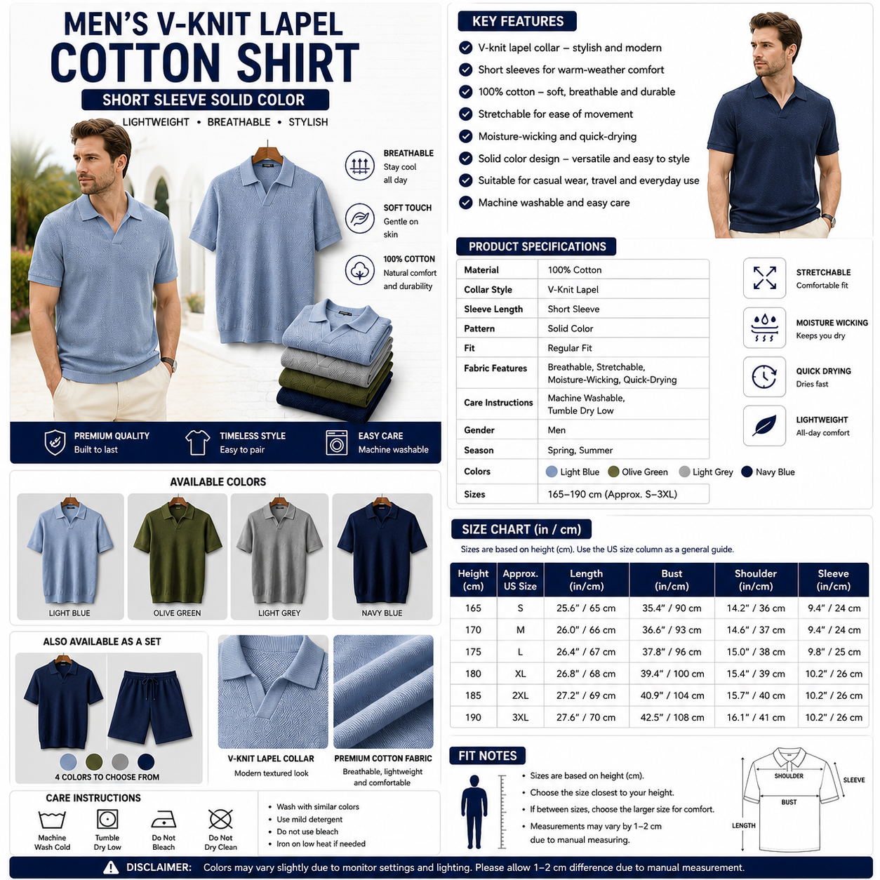 Men's V-Knit Lapel Cotton Shirt – Short Sleeve Solid Color