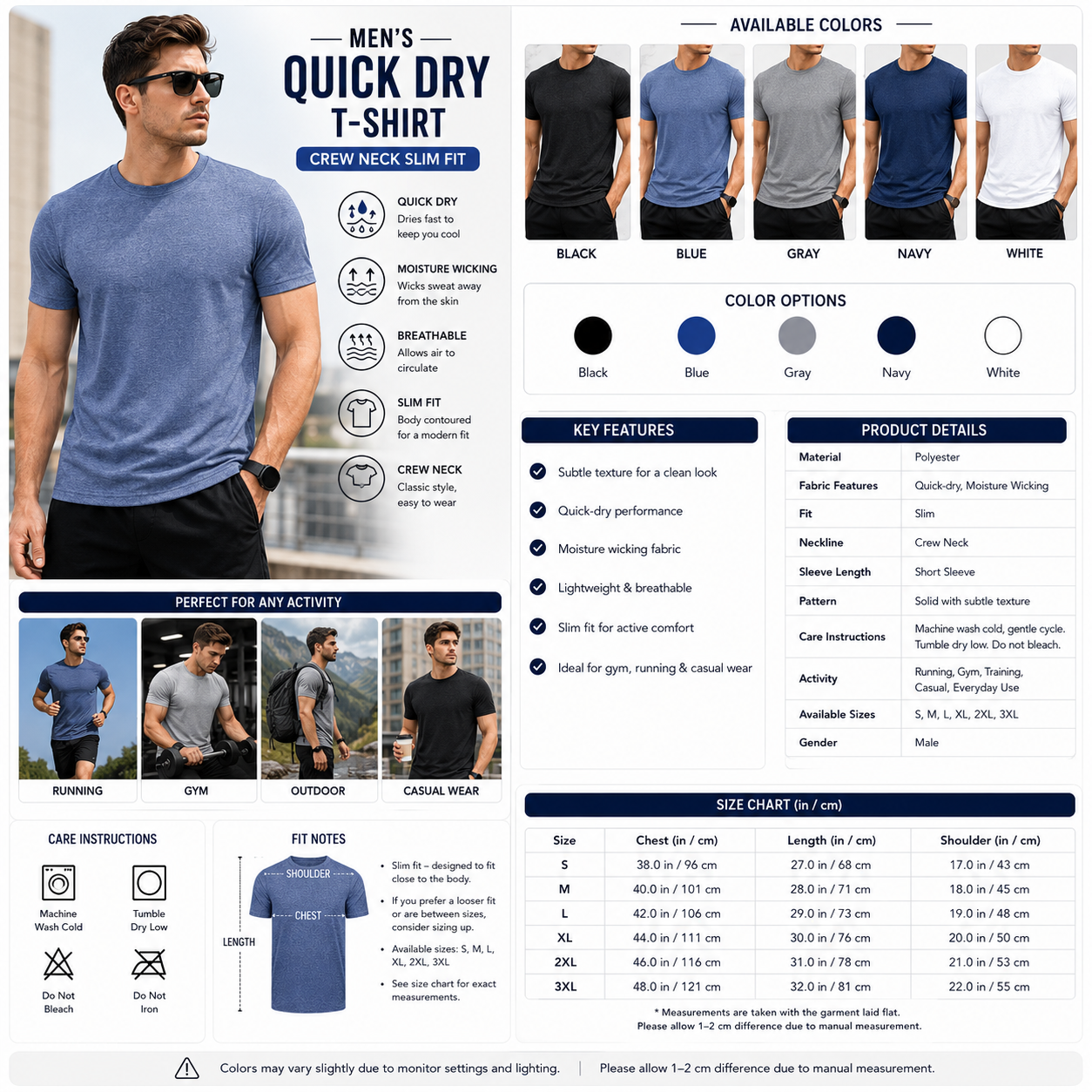 Men's Quick Dry Polka Dot T-Shirt – Crew Neck Slim Fit