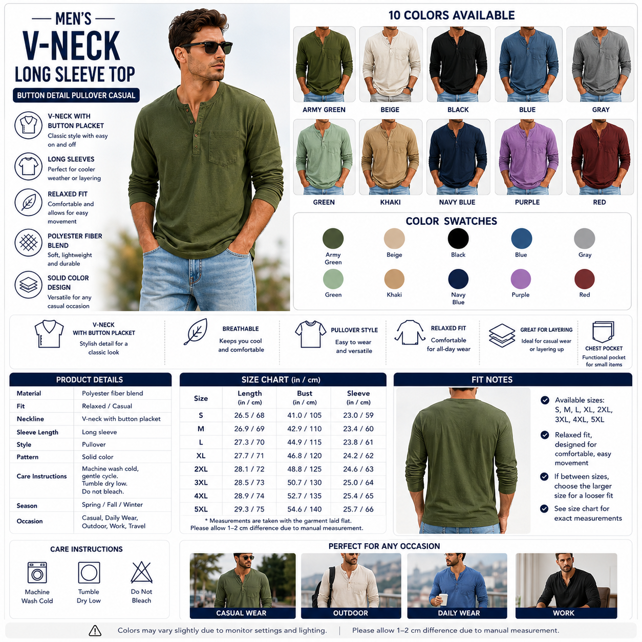 Men's V-Neck Long Sleeve Top – Button Detail Pullover Casual