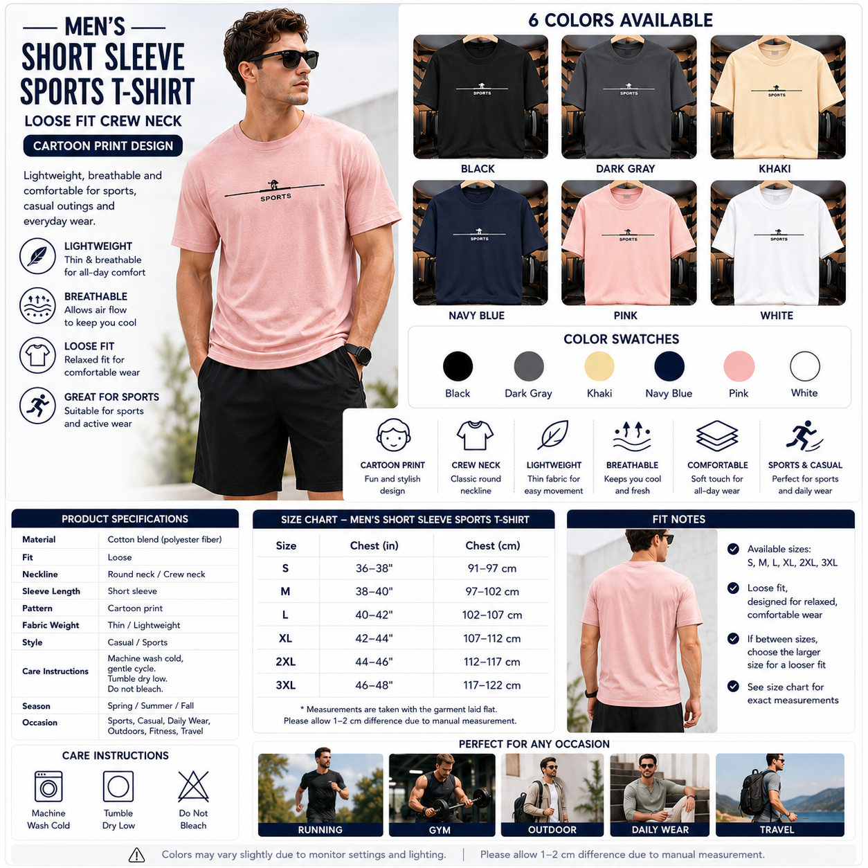 Men's Short sleeve Sports T-Shirt – Loose Fit Crew Neck