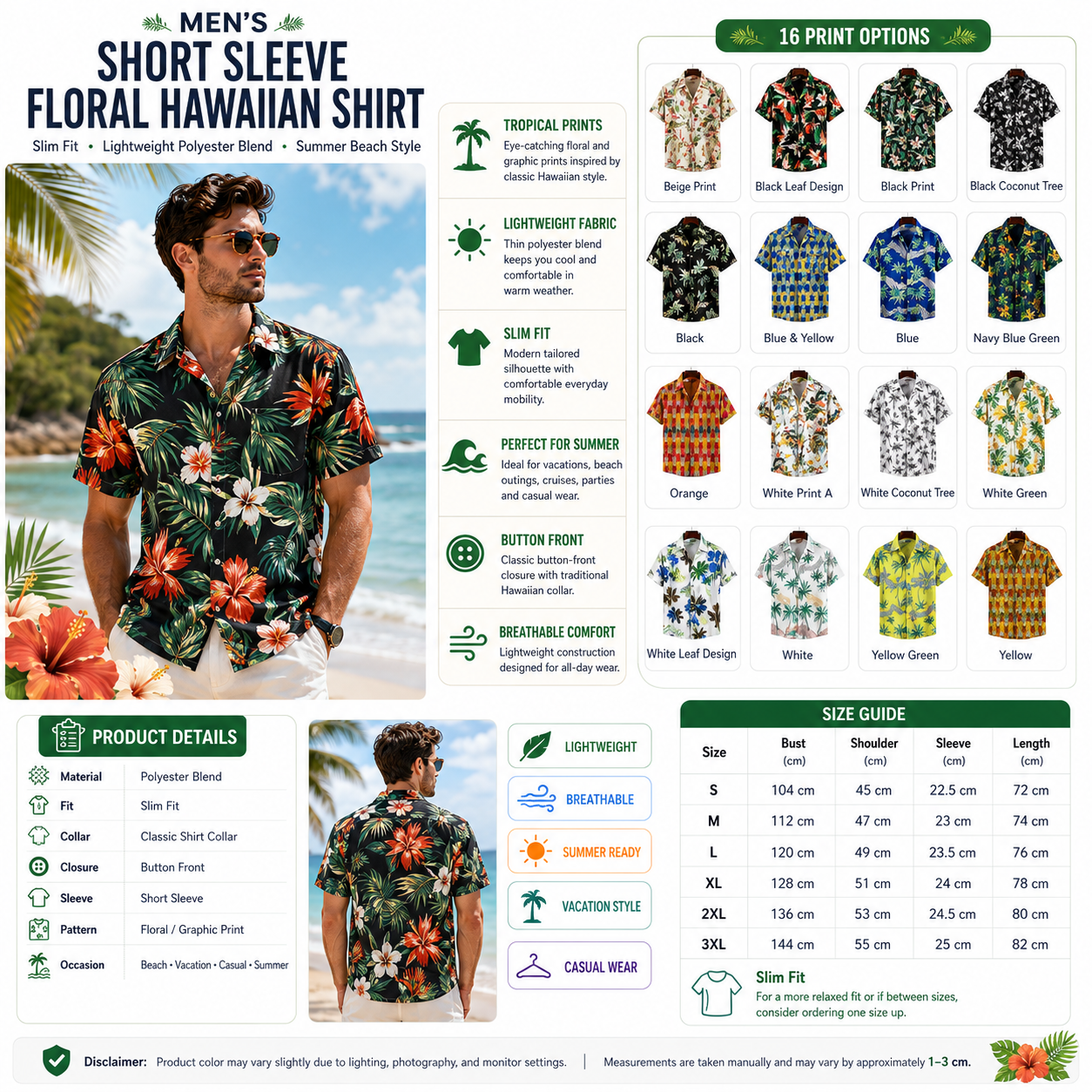 Men's Short Sleeve Floral Hawaiian Shirt – Slim Fit Beach Top