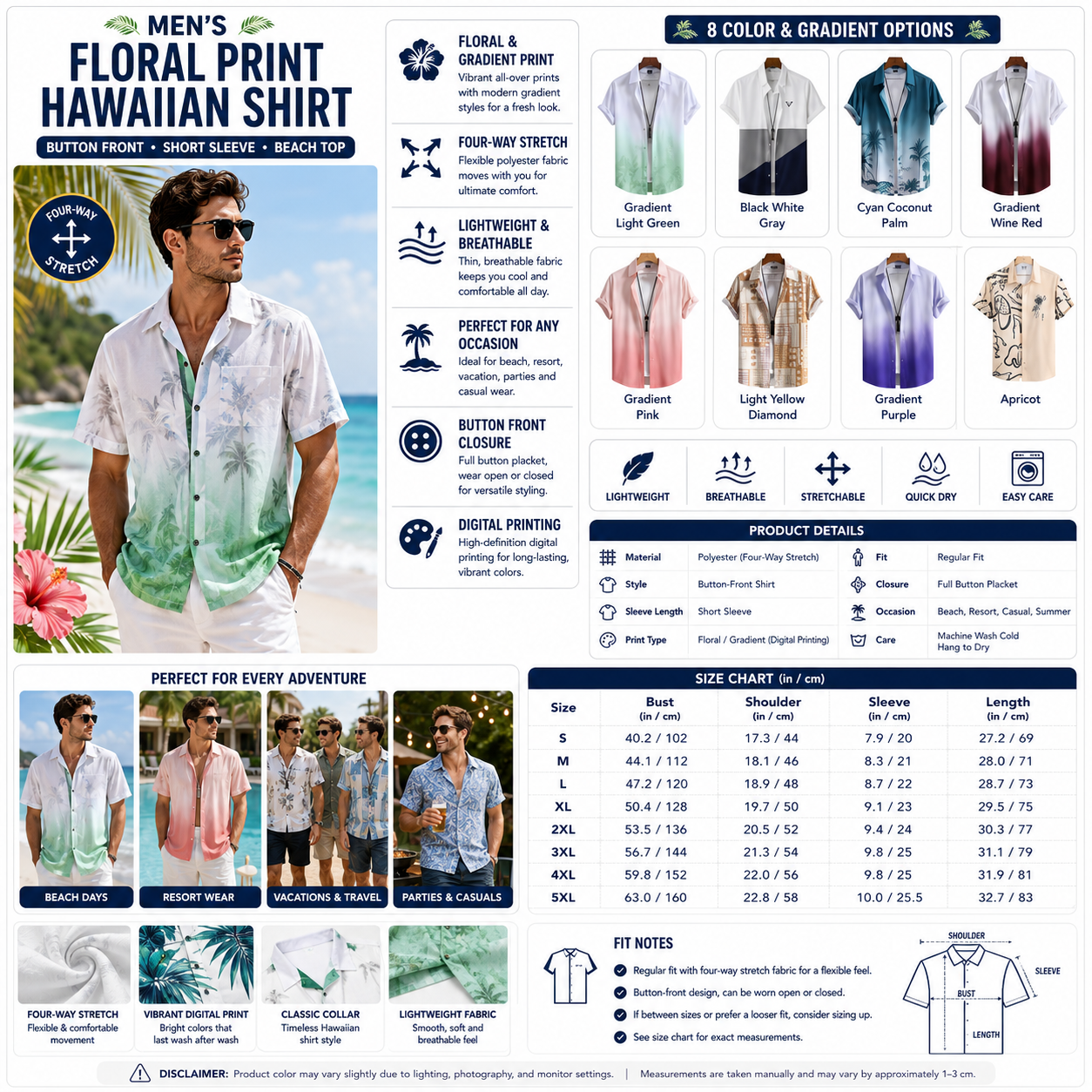 Men's Floral Print Button Front Hawaiian Shirt – Short Sleeve Beach Top