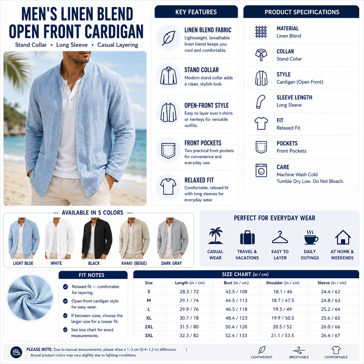 Men's Linen Blend Open Front Cardigan – Stand Collar Long Sleeve