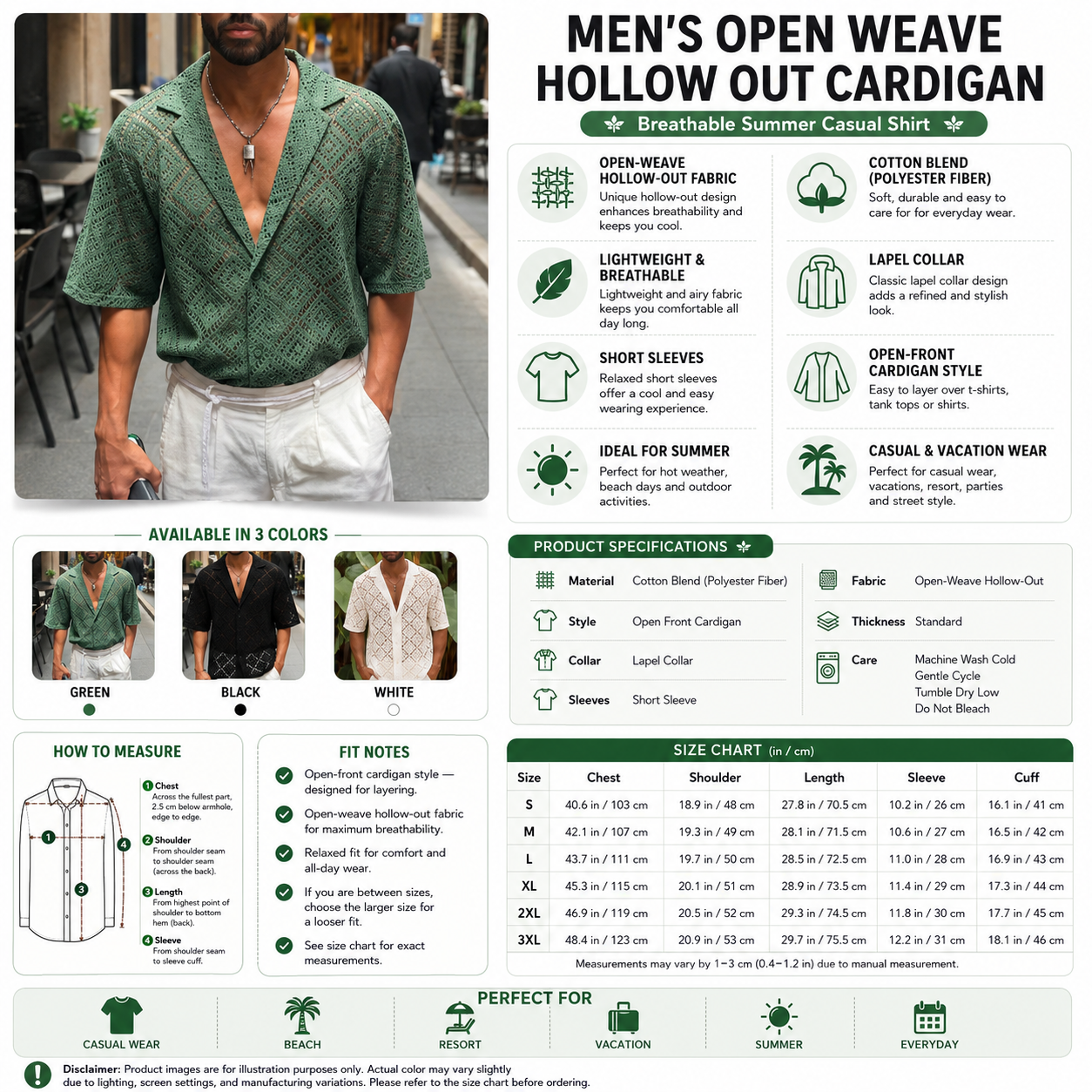 Men's Open Weave Hollow Out Cardigan – Short Sleeve Lapel Collar