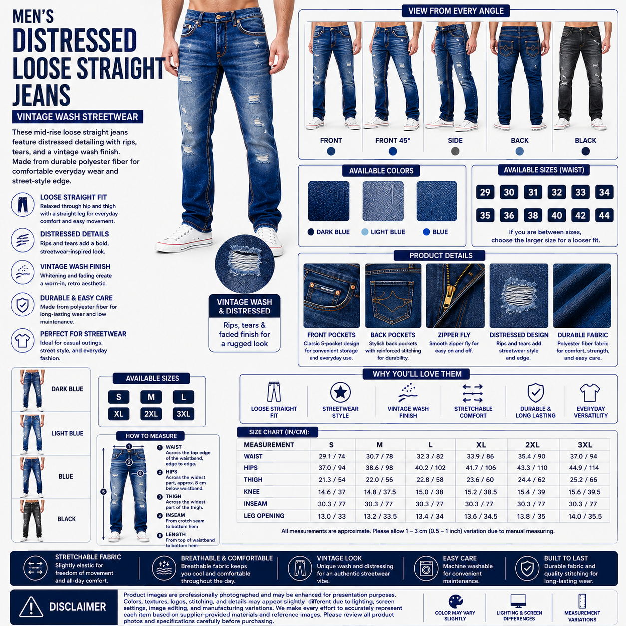 Men's Distressed Loose Straight Jeans – Vintage Wash Streetwear
