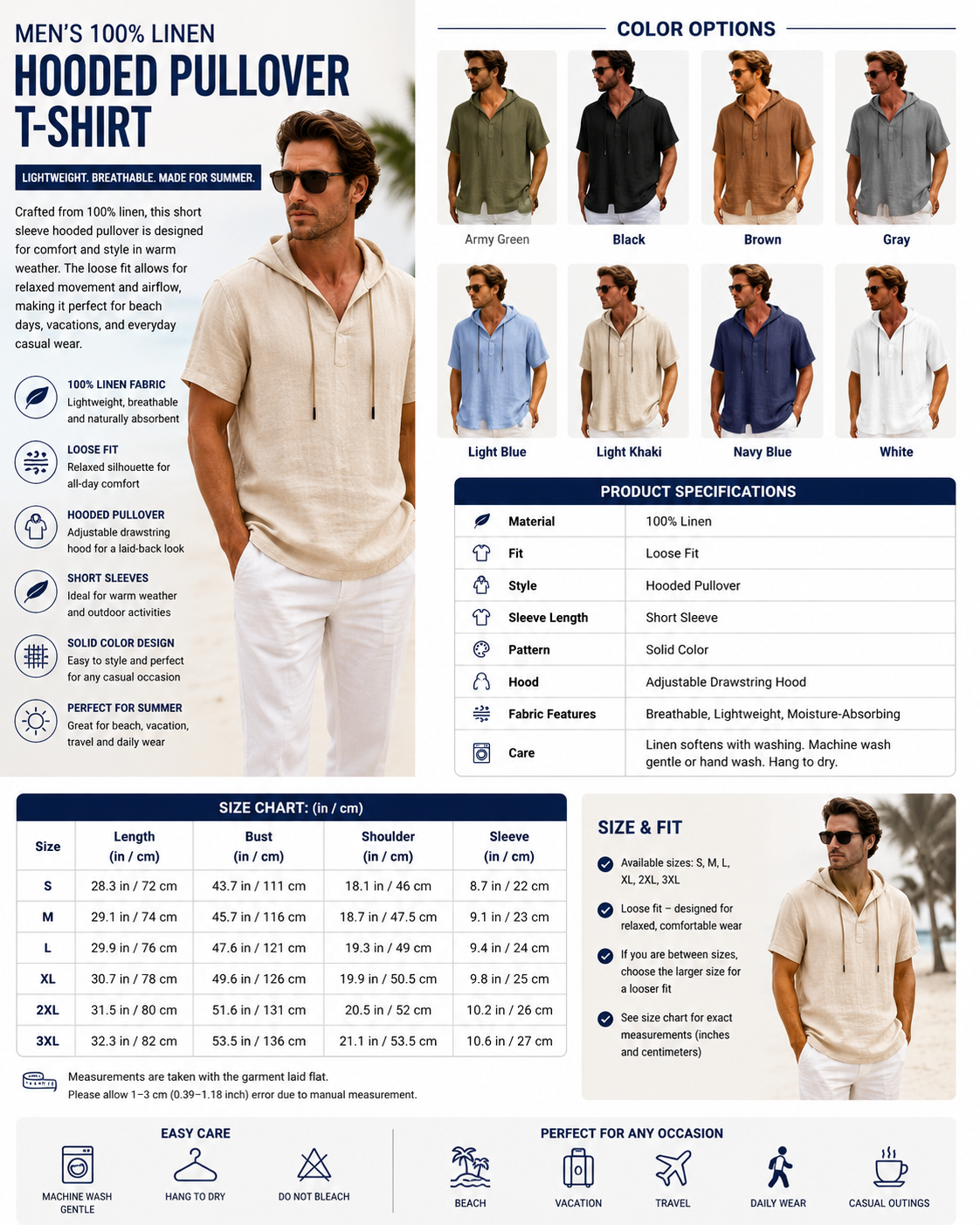 Men's Pure Linen T-Shirt - Loose Fit Short Sleeve Pullover