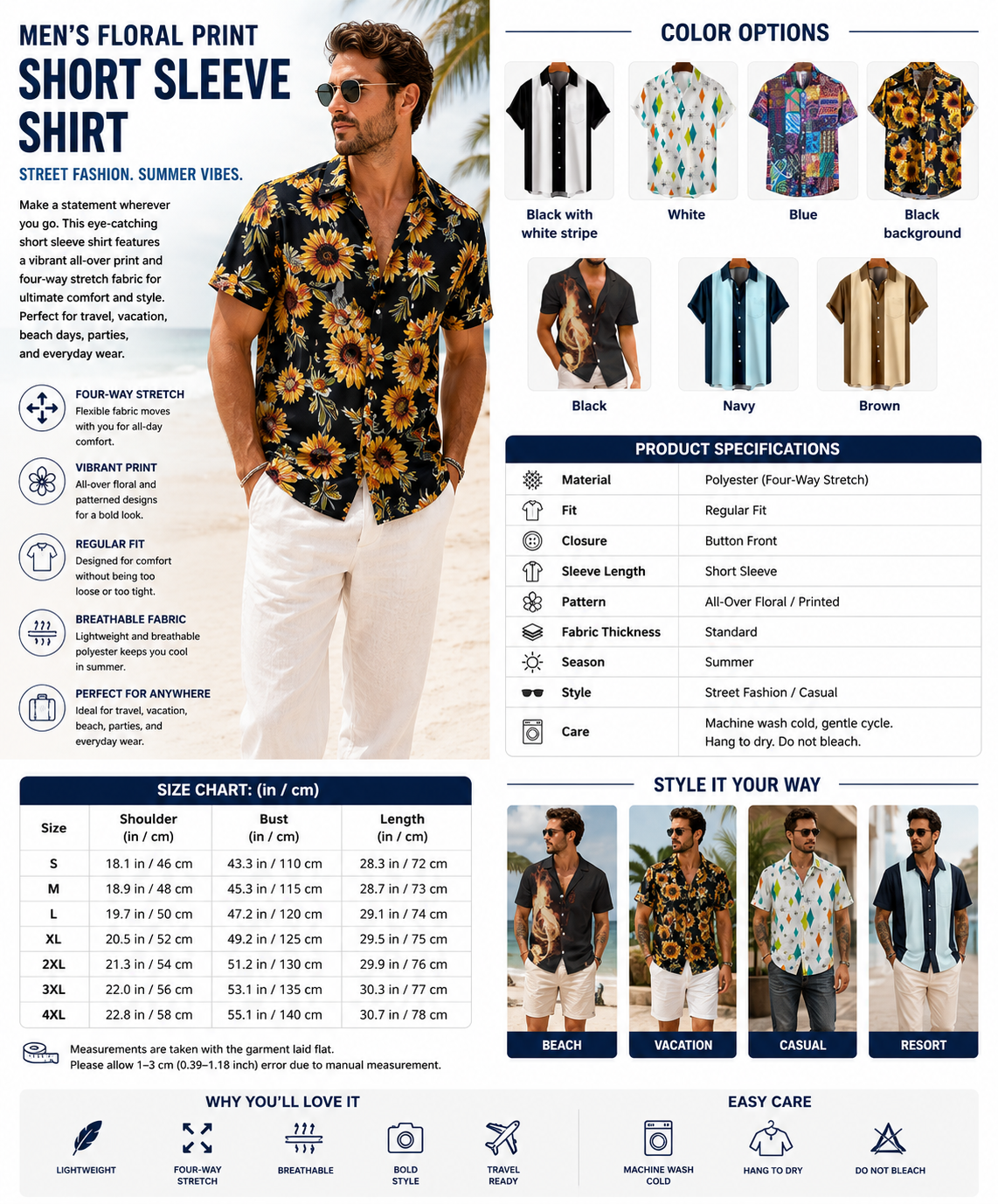 Men's Floral Hawaiian Street Style Shirt – Short Sleeve Summer