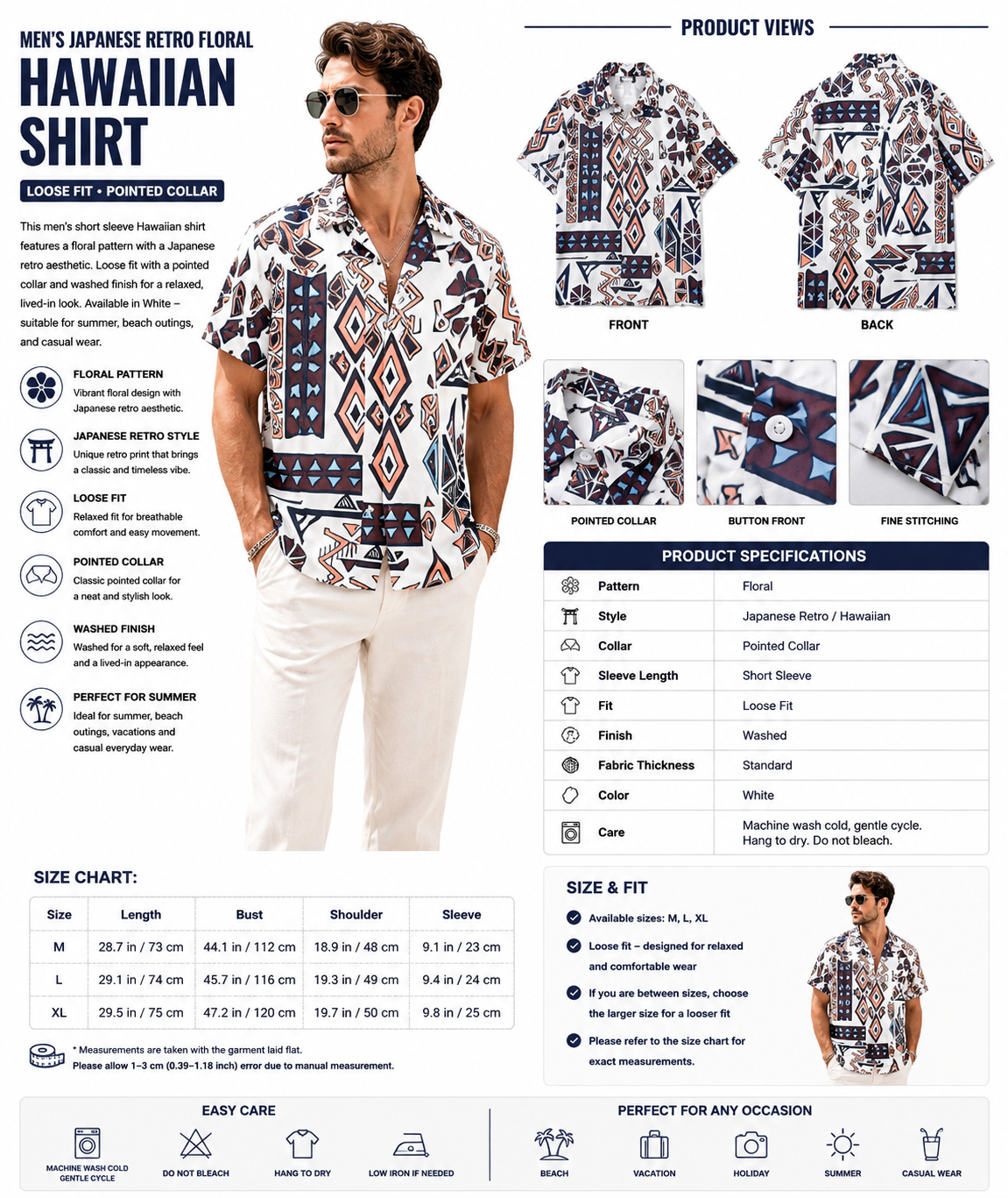 Men's Japanese Retro Floral Hawaiian Shirt – Loose Fit Pointed Collar White