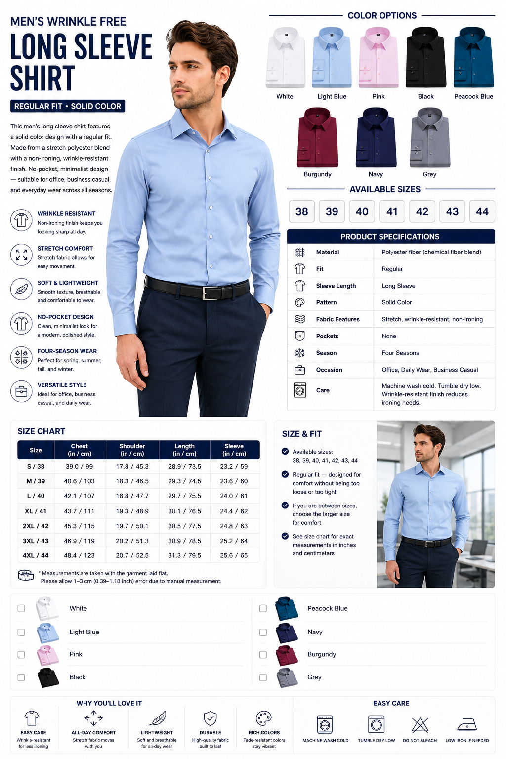 Men's Wrinkle Free Long Sleeve Shirt – Regular Fit Solid Color