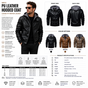 Men's PU Leather Hooded Coat – Loose Fit Insulated Winter Jacket