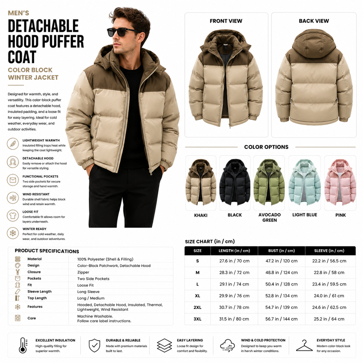 Men's Detachable Hood Puffer Coat – Color Block Loose Fit Winter