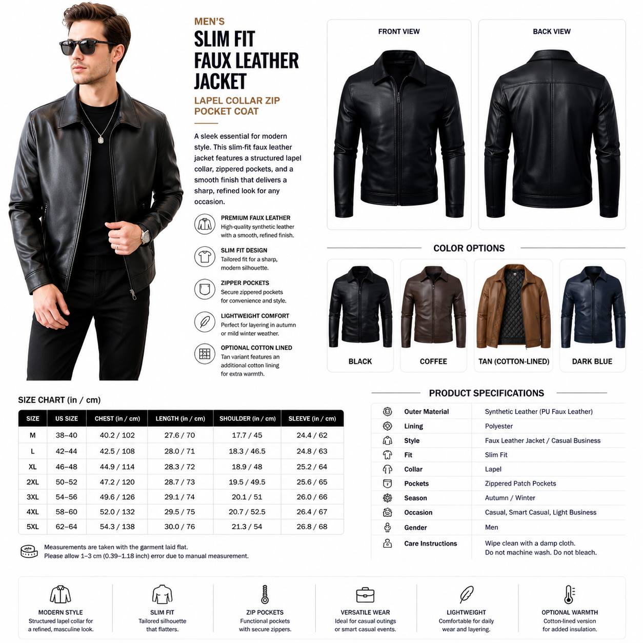 Men's Slim Fit Faux Leather Jacket - Lapel Collar Zip Pocket Casual Coat