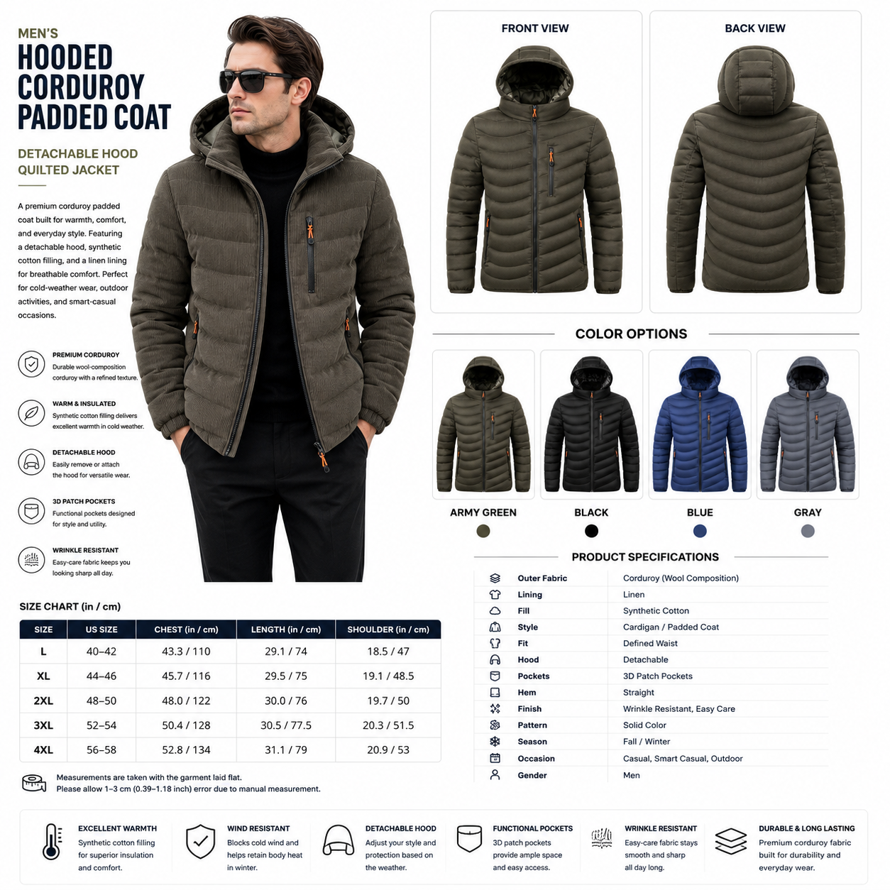 Men's Hooded Corduroy Padded Coat - Detachable Hood Quilted Jacket
