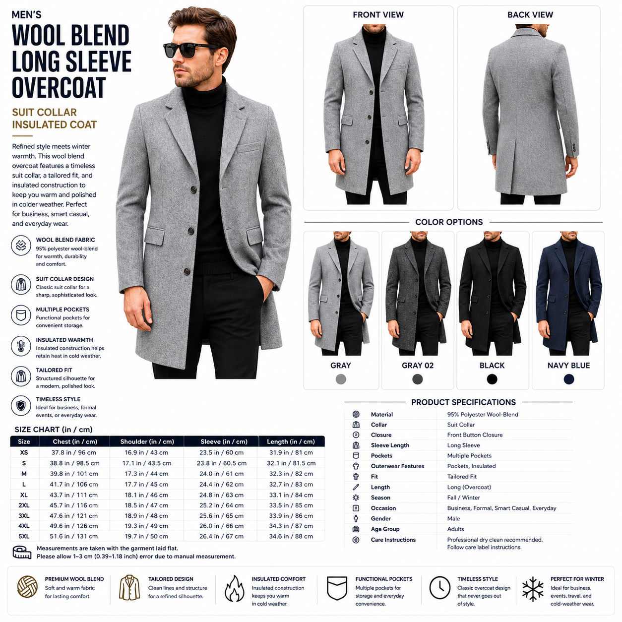 Men's Wool Blend Long Sleeve Coat – Suit Collar Insulated Overcoat