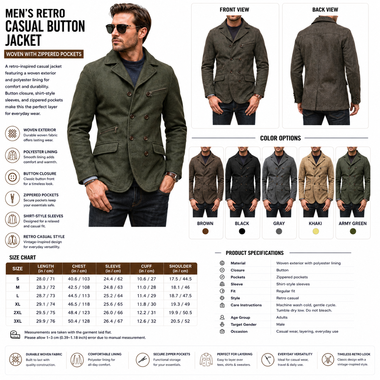 Men's Retro Casual Button Jacket – Woven with Zippered Pockets