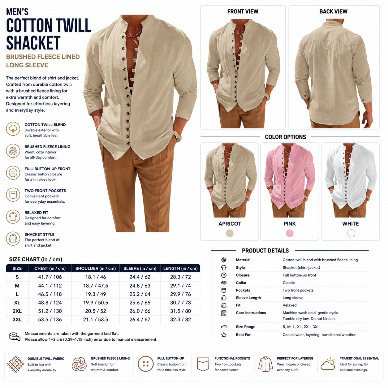 Men's Cotton Twill Shacket – Brushed Fleece Lined Long Sleeve