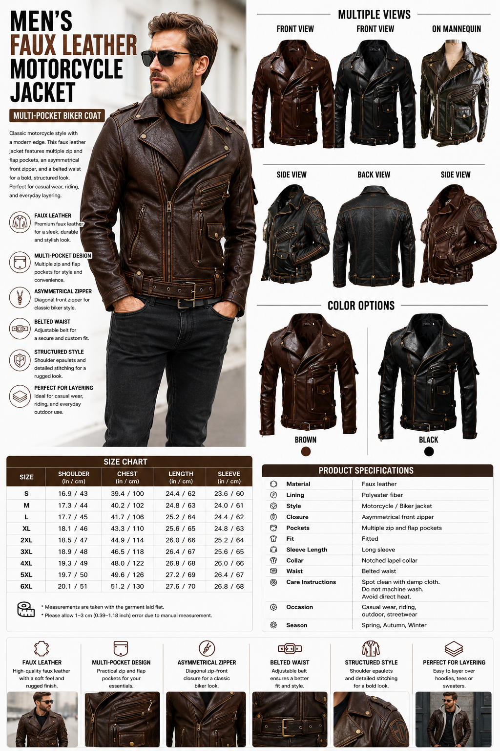 Men's Faux leather Cardigan Jacket – Open Front Multi-Pocket Coat
