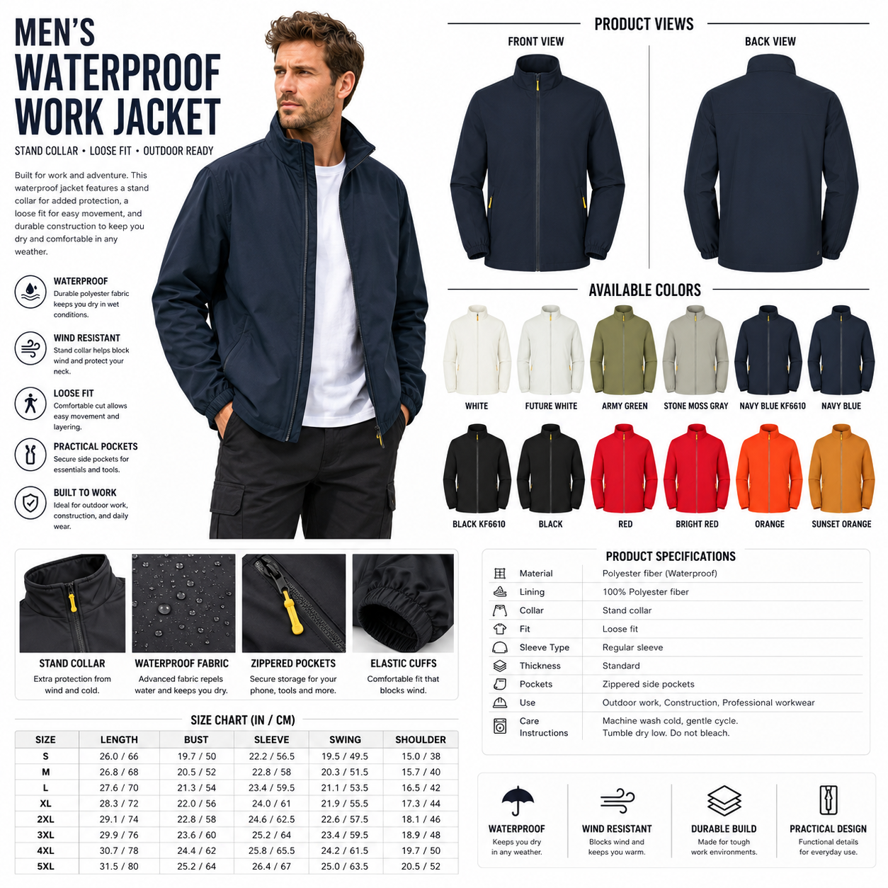 Men's Waterproof Stand Collar Work Jacket – Loose Fit Outdoor