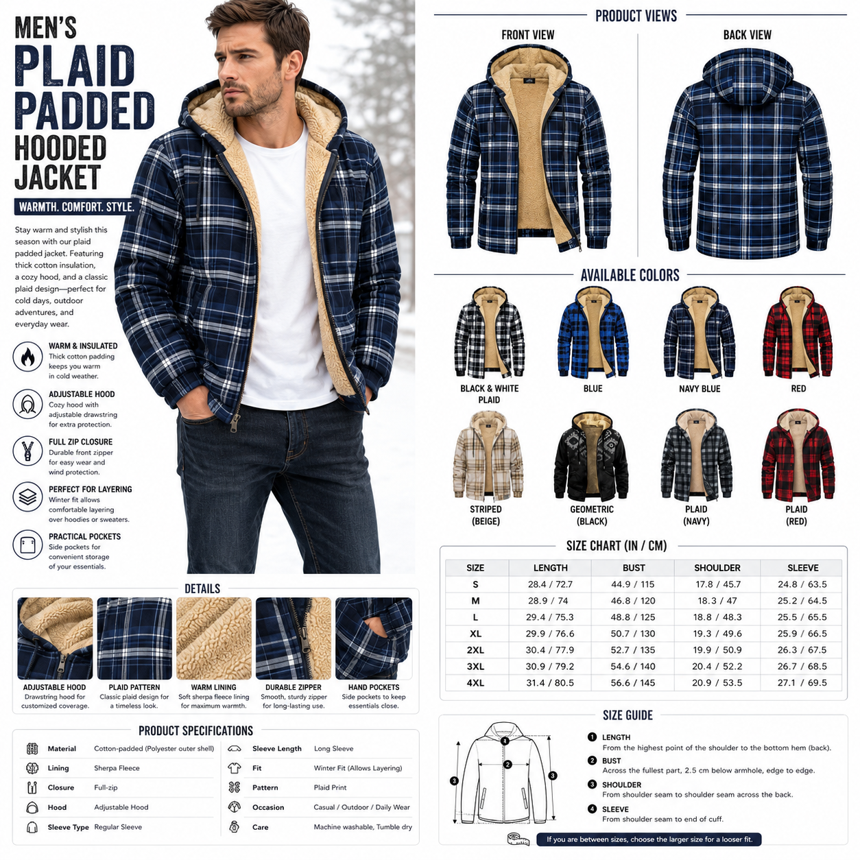 Men's Plaid Cotton Padded Hooded Jacket – Zip Up Winter Coat
