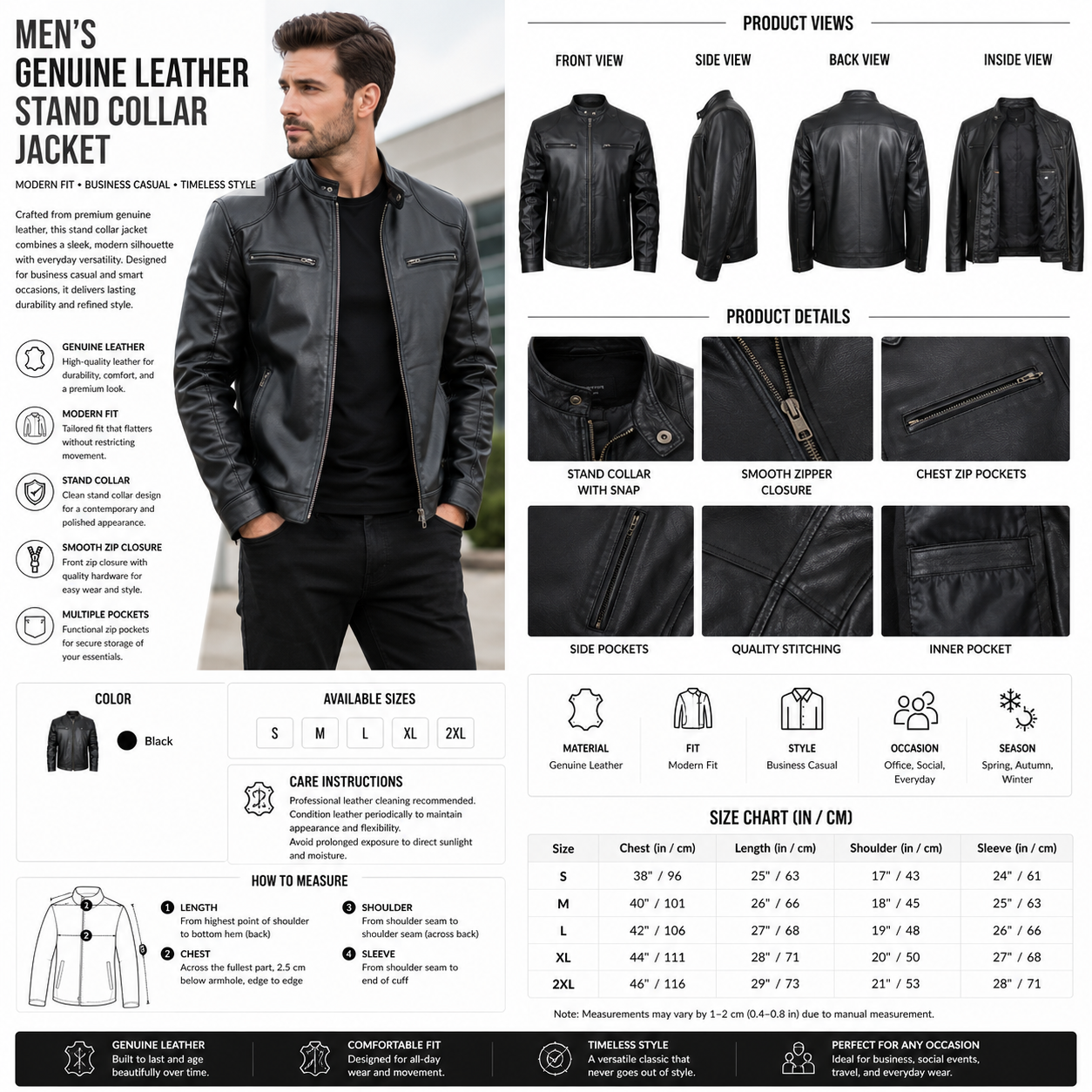Men's Genuine Leather Stand Collar Jacket – Modern Fit Business