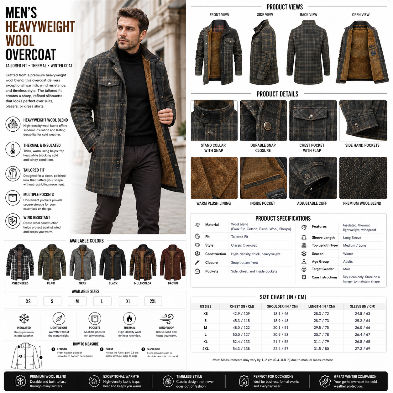 Men's Heavyweight Wool Overcoat – Tailored Fit Winter Coat