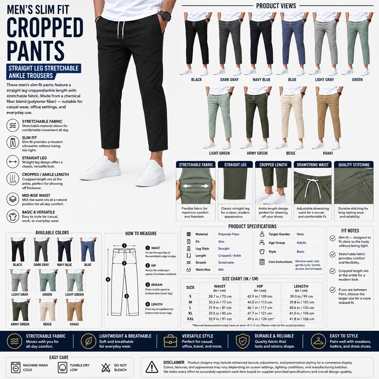 Men's Slim Fit Cropped Pants – Straight Leg Stretchable Ankle Trousers
