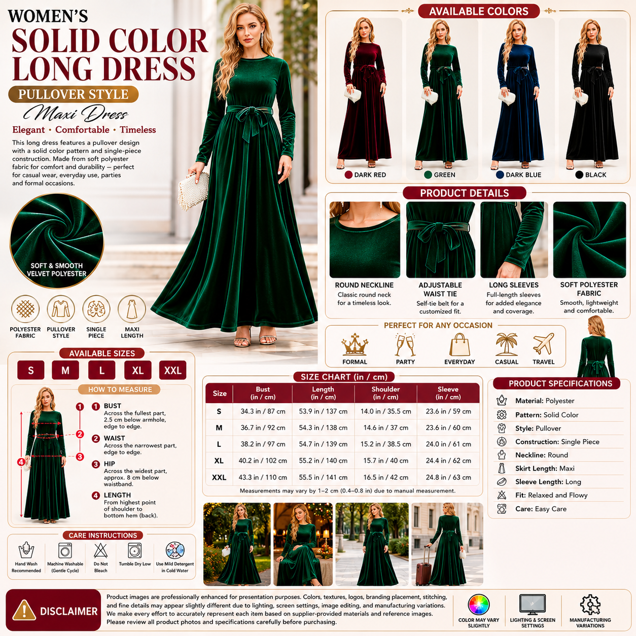 Women's Solid Color Long Dress – Pullover Style Maxi Dress