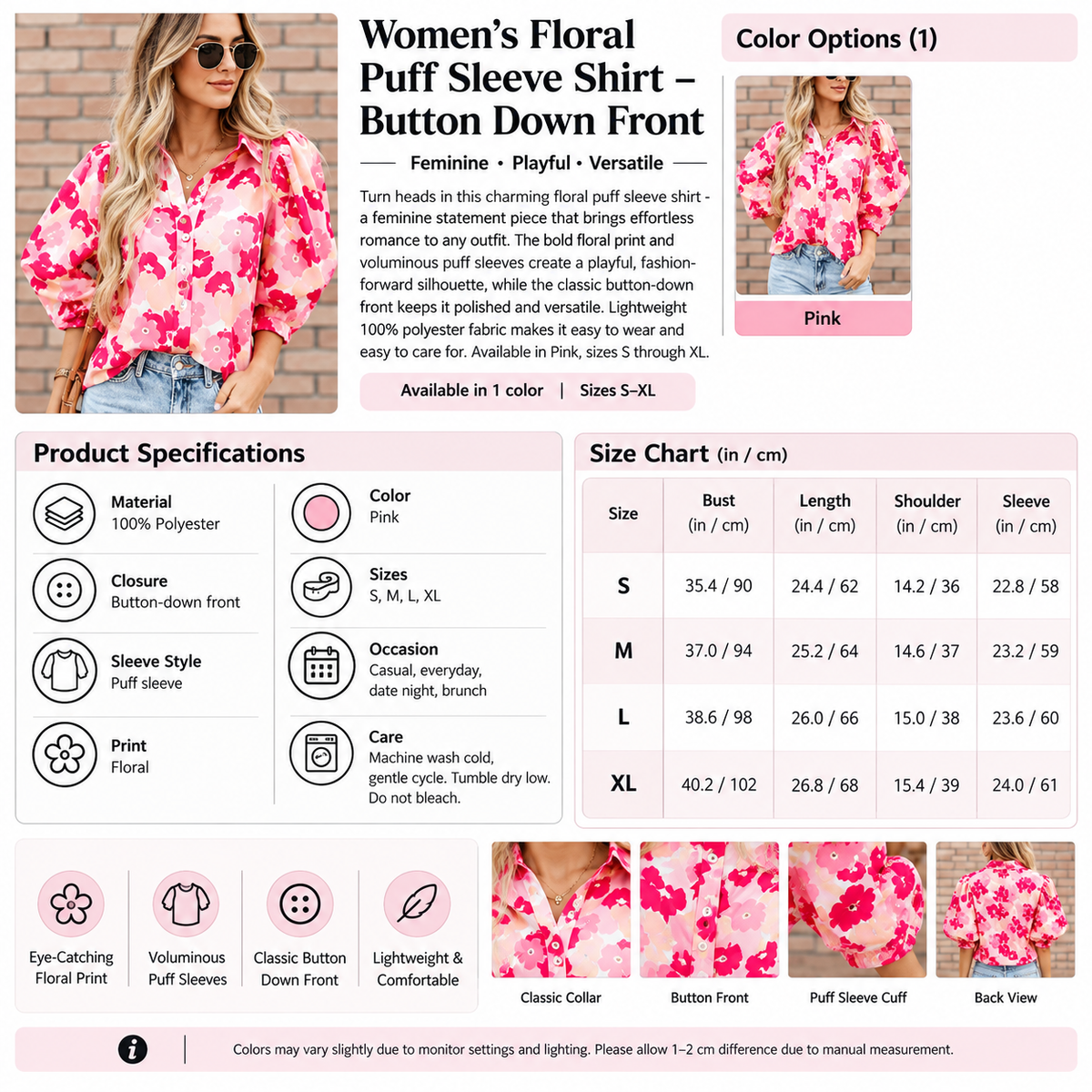 Women's Floral Puff Sleeve Shirt – Button Down Front