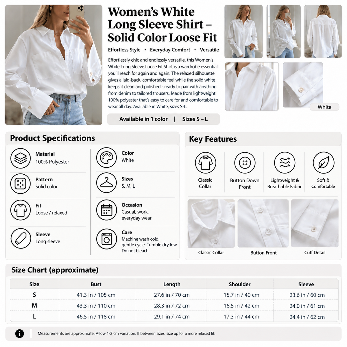 Women's White Long Sleeve Shirt – Solid Color Loose Fit