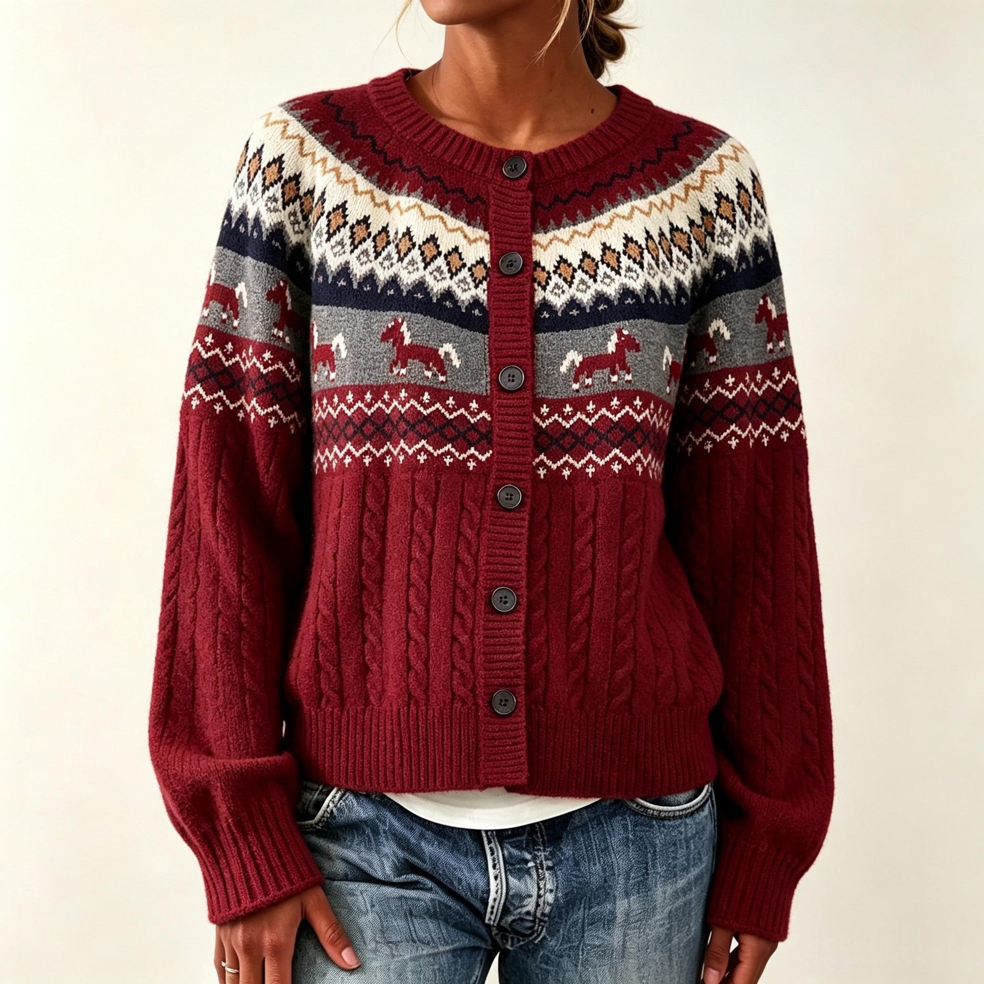 Women's Animal Print Round Neck Sweater - Loose Fit Long Sleeve