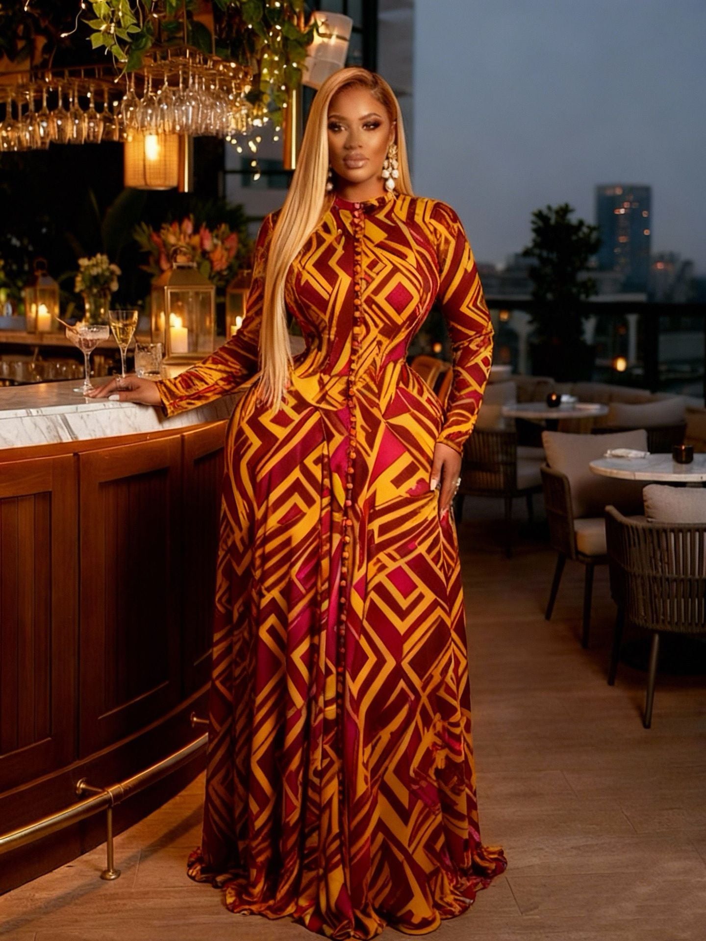Women's Tie-Dye Print Mesh Maxi Dress - Long Sleeve Round Neck