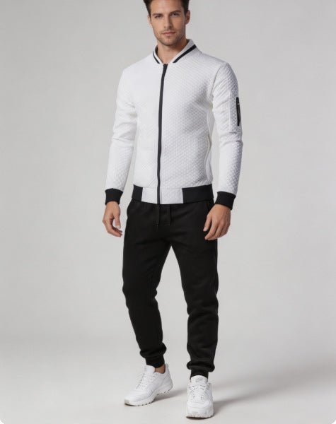 Men's Textured Zip Jacket & Black Pants Set - Six Colors