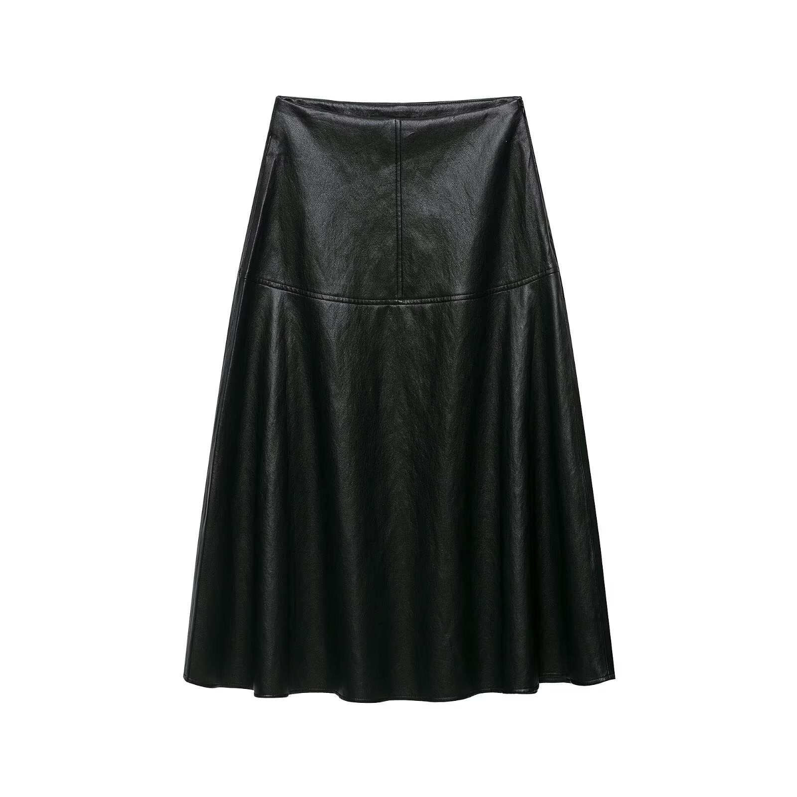 Women's Faux Leather Midi Skirt - Flared Panel Design