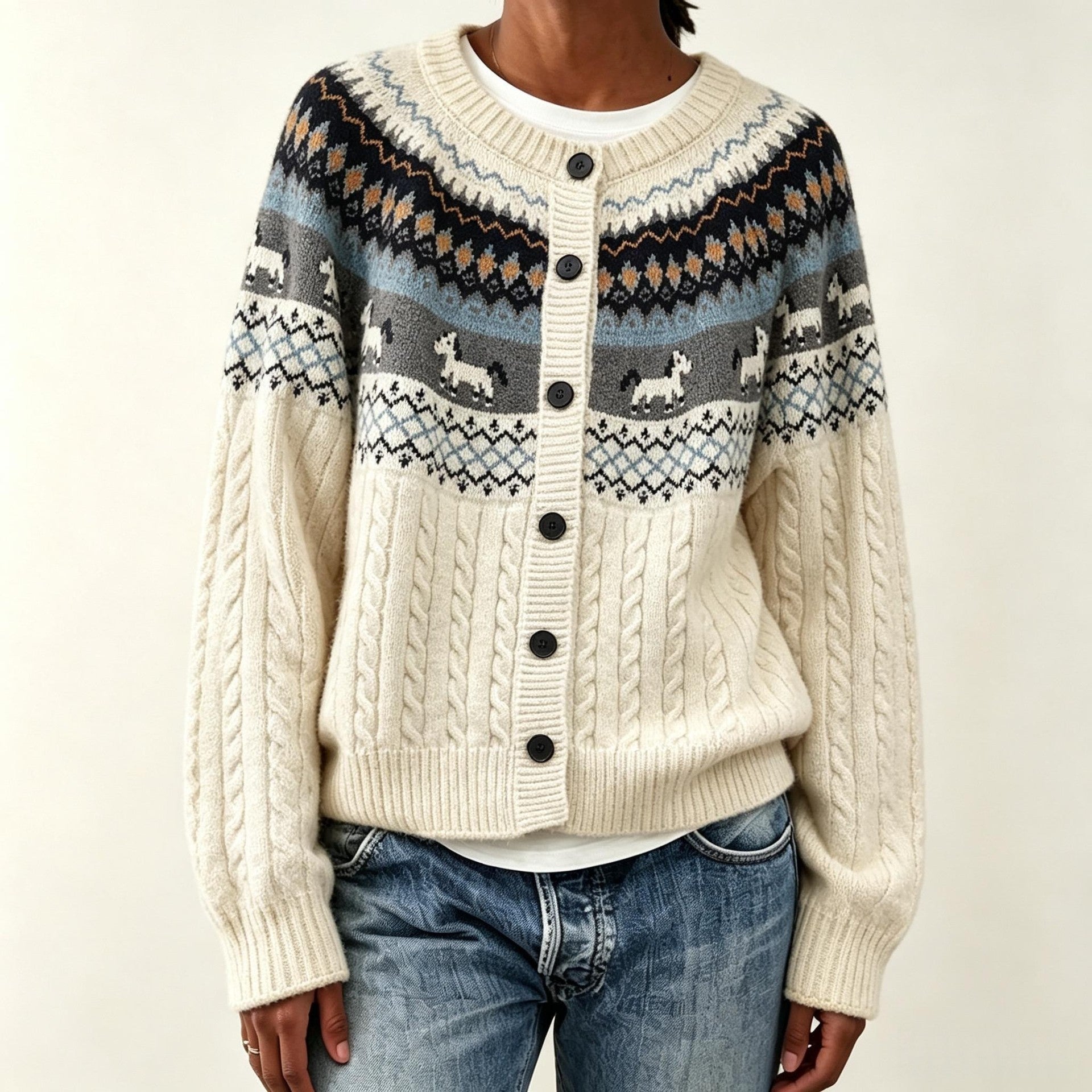 Women's Animal Print Round Neck Sweater - Loose Fit Long Sleeve