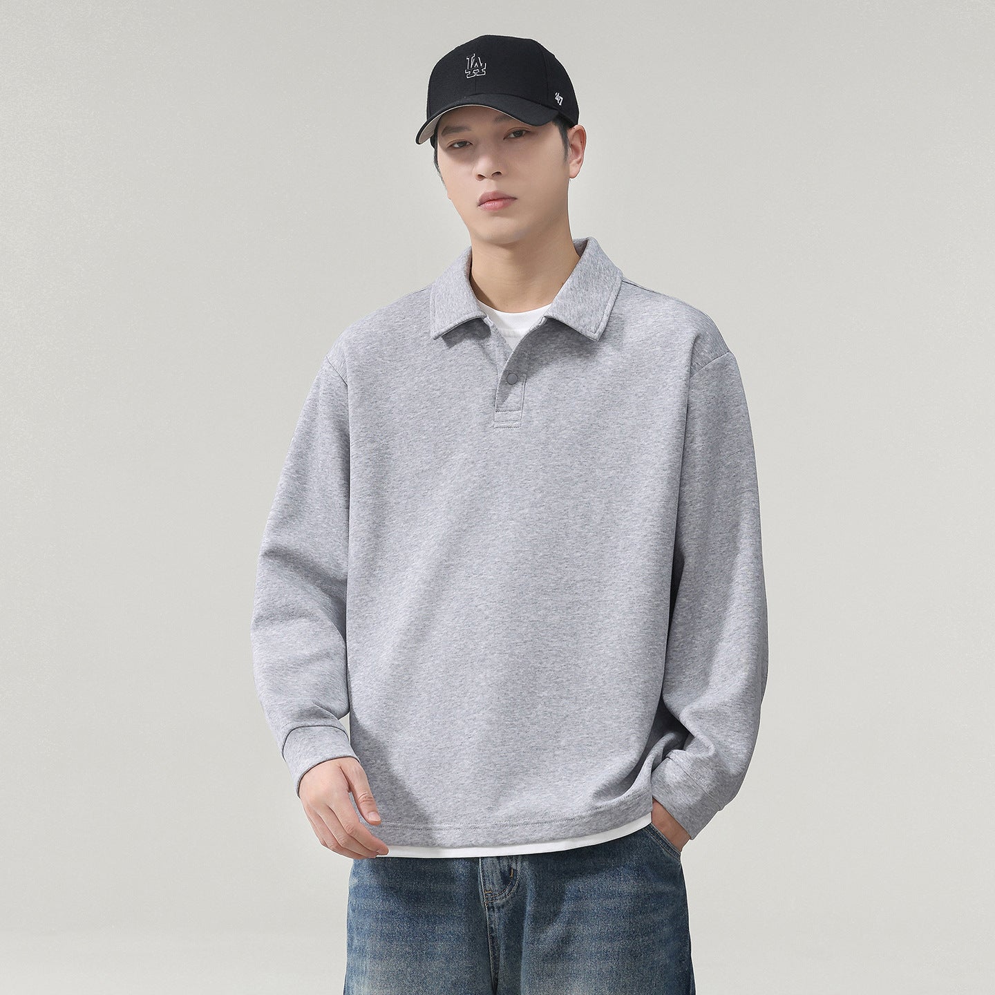 Men's Layered-Look Long-Sleeve Polo Top - Cotton Blend