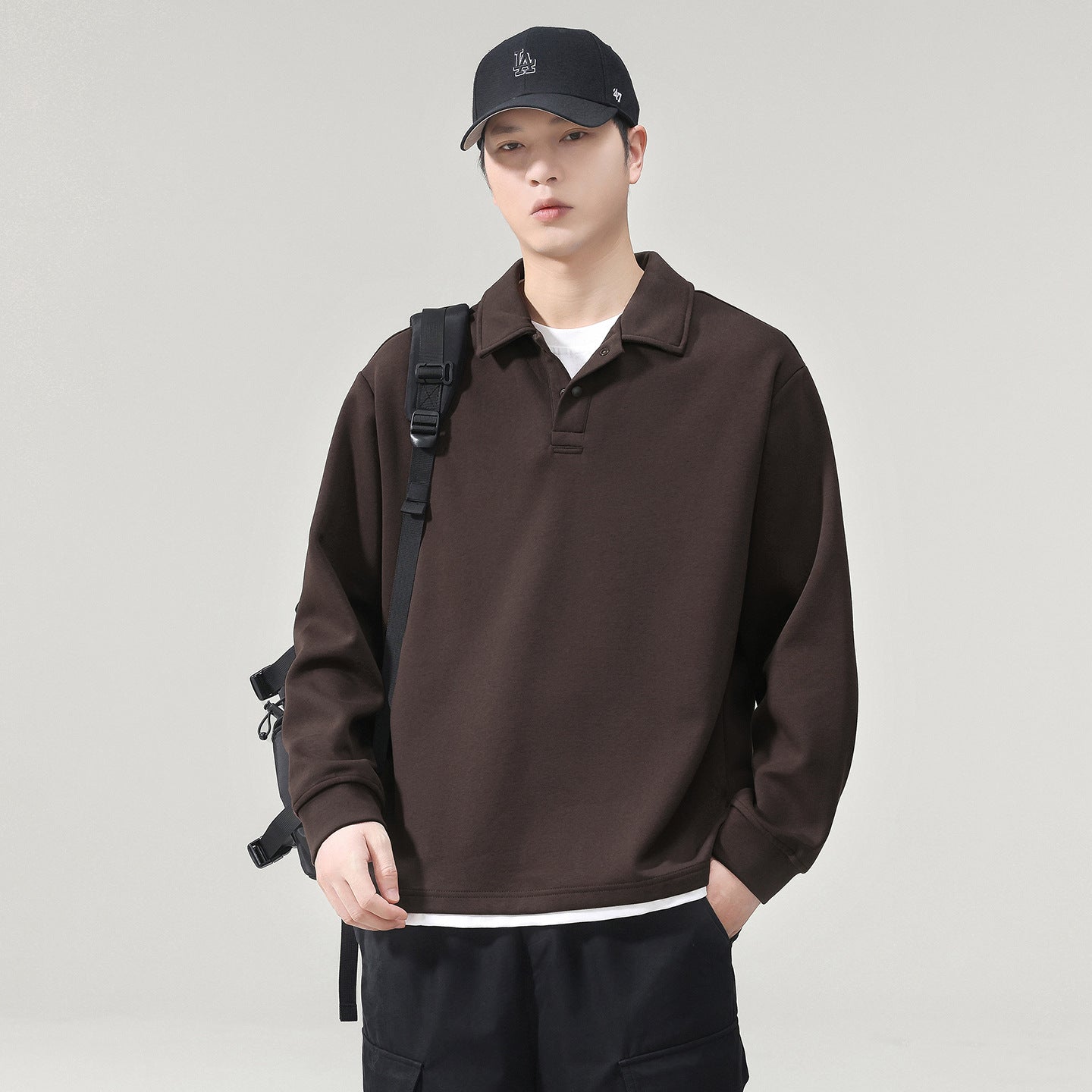 Men's Layered-Look Long-Sleeve Polo Top - Cotton Blend